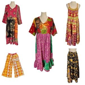 5 Piece Bundle: Handmade Kantha Midi Dresses, Maxi Skirt, Pants Patchwork Boho
